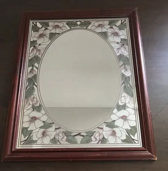 Vtg Romantic Etched Floral Flower Magnolia Oval Mirror Wood Frame Granny Retro