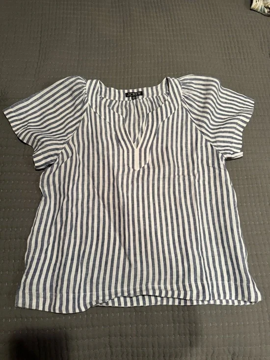J.Crew Navy Blue and White Stripe Short Sleeve Linen Top size Medium