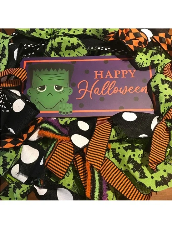 Happy Halloween Frankenstein Wreath Handmade Purple Green Custom Final Sale