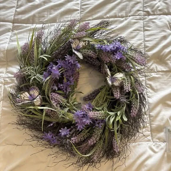 Butterfly Lavender Wreath Fairy Lights Faux Plants Spring Wall Door Decor 17”