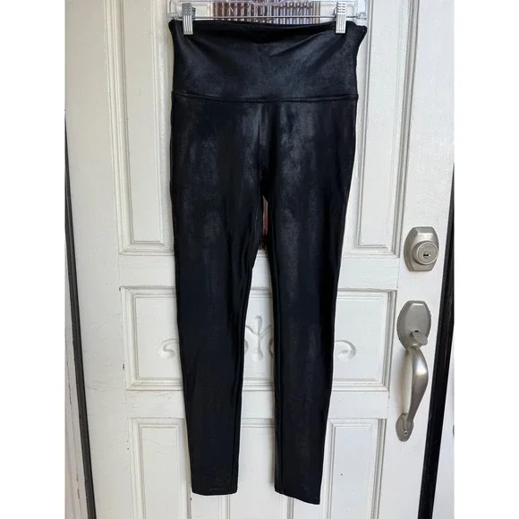 Spanx‎ Faux Leather Metallic Leggings Black High Waist Shaping Size Large