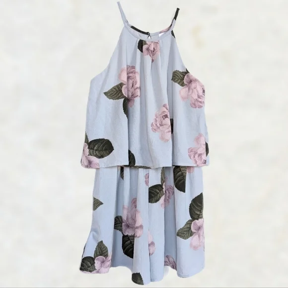 Blue-Gray Halter Neck Keyhole Back Pink Floral High Waist Shorts Romper - sz M