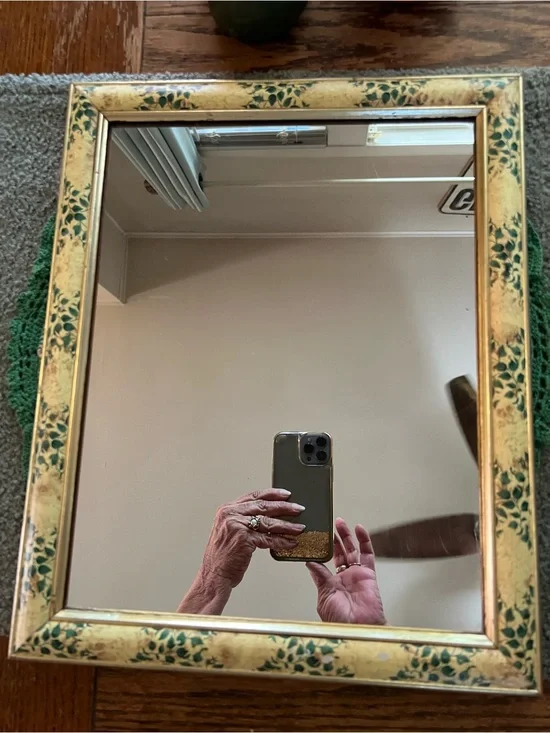 Vintage Gold & Green Floral Wall Mirror Large 16” by 13” gorgeous very well-made