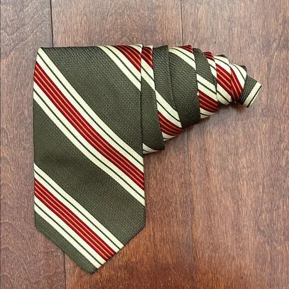 Gap Classic Retro Striped Tie in Khaki Green, Red, and Cream, 100% Silk