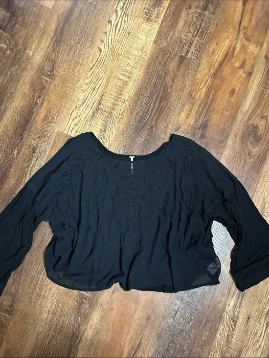 Free People Black Crochet-Detail Long-Sleeve Blouse