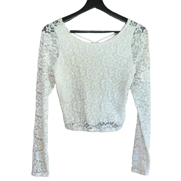 VTG Abercrombie & Fitch Y2K Lace Lg Sleeve Cream Top Criss Cross Back Crop Sz M‎