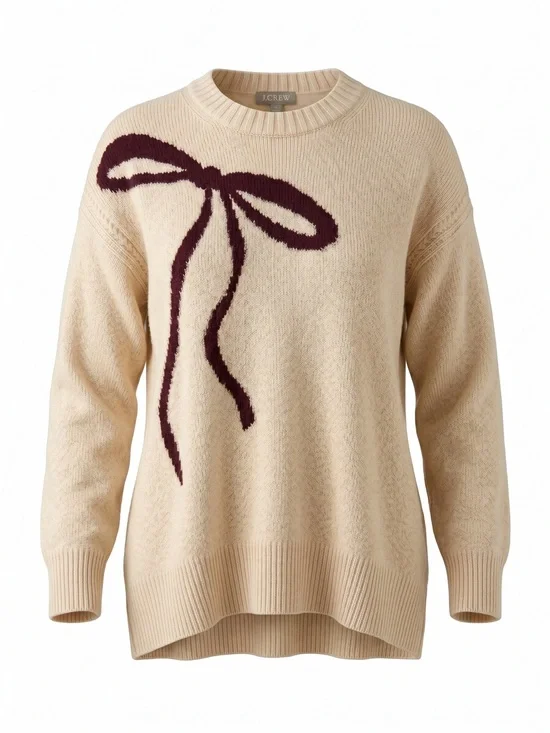 J. Crew Relaxed Crewneck Pullover Bow Print Oversized Wool Alpaca L XL NWT