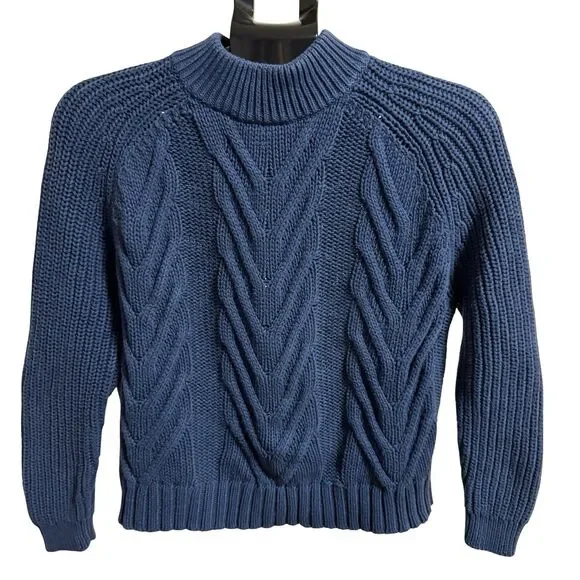 J. Crew Cable Knit Blue‎ Sweater 100% Cotton Mock Neck Sweater Chunky XXS