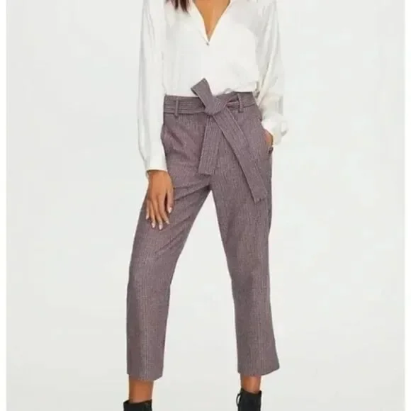 ARITZIA | WILFRED Gray Plaid Tie Front Wool Cashmere Straight Leg Trousers Sz 2