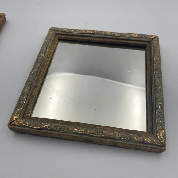 Vintage Ornate Gold Gilt Wood Frame Square Wall Mirror Floral Relief 6x6