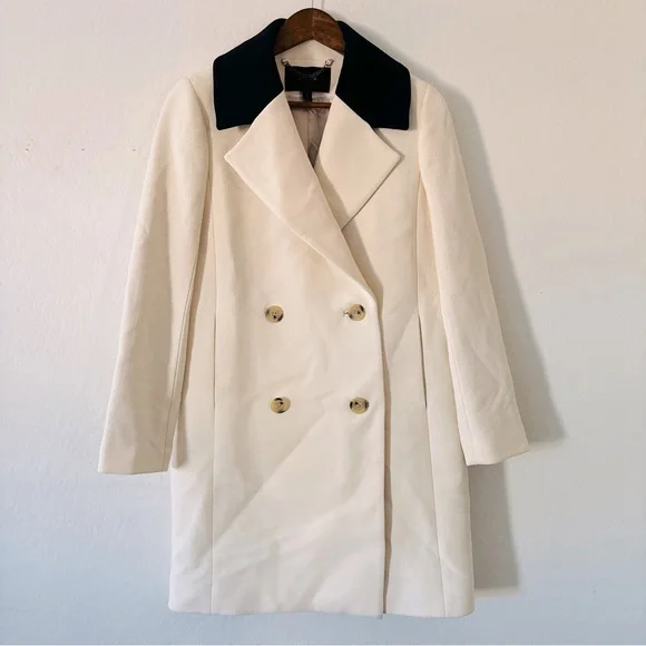 J. Crew Cream Pea Coat with Navy‎ Blue Collar Size 4 EUC Wool Blend