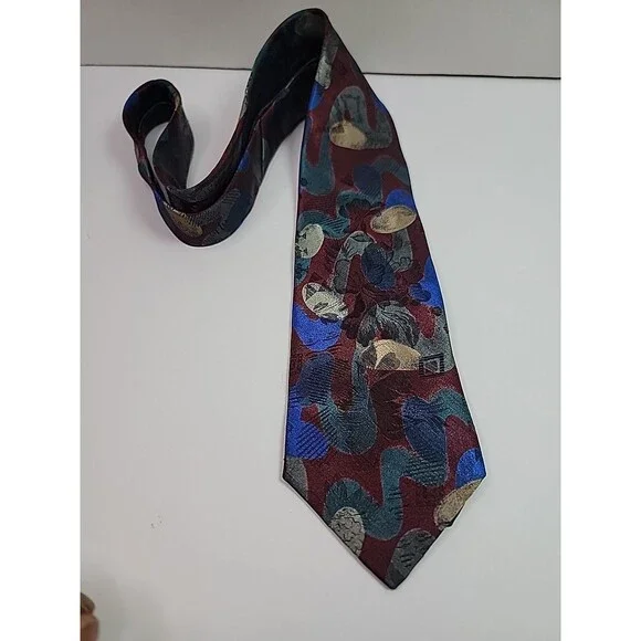 Towncraft Vintage Necktie Abstract Geometric Burgundy Blue Gray Tie 1960 Style