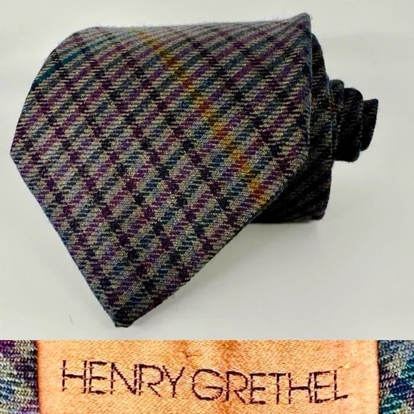 Vintage Wool Silk Blend Henry Grethel Soft Gray Plaid Tie, Classic 3.25” x 56