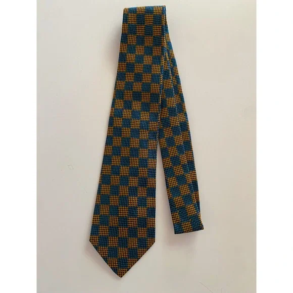 Kolmer-Marcus George Wally Vintage Silk Tie Teal Gold Checkerboard Woven Mens