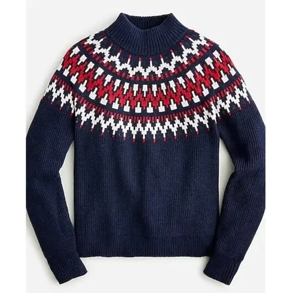 J.Crew Womens Small Fair Isle Nordic Wool Blend Ski Sweater Navy Cozy Pullover
