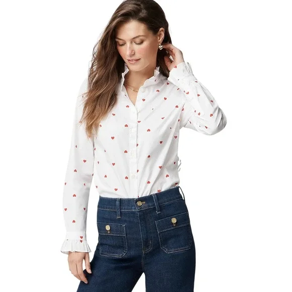 J. Crew NEW Heart Print Button Down Shirt White Ruffle Collar Cute Small NWT