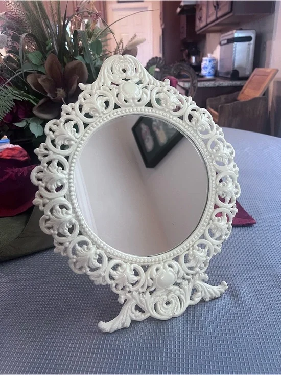 Vintage JM29 Victorian Round Ornate Cast Iron Vanity Standing Mirror