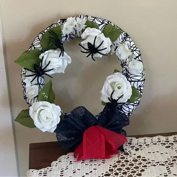 Halloween Spider Wreath White Roses Black Bow 11