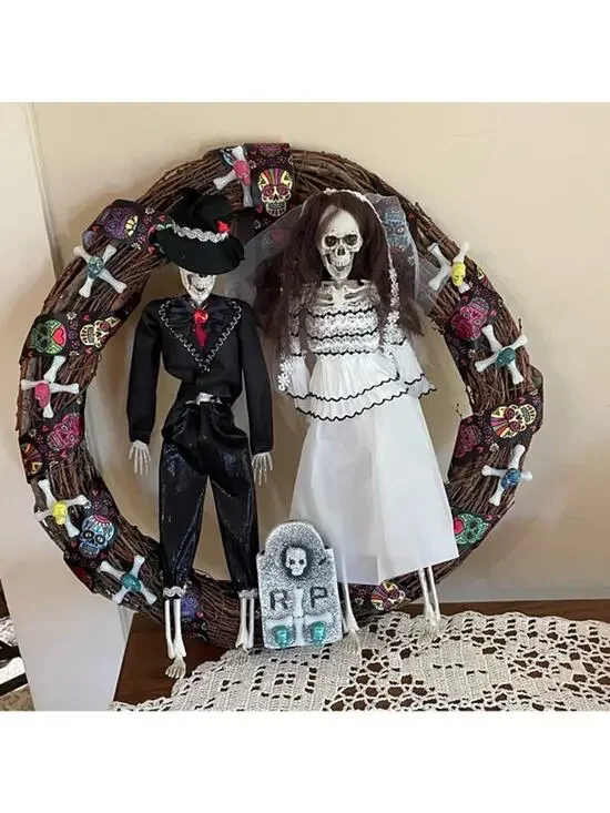 Handmade Halloween Skeleton Bride Groom Wreath 18
