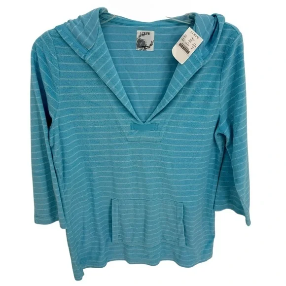 J.CREW NWT Top Womens Size M Terry Striped Hoodie 3/4 Sleeve Pullover blue