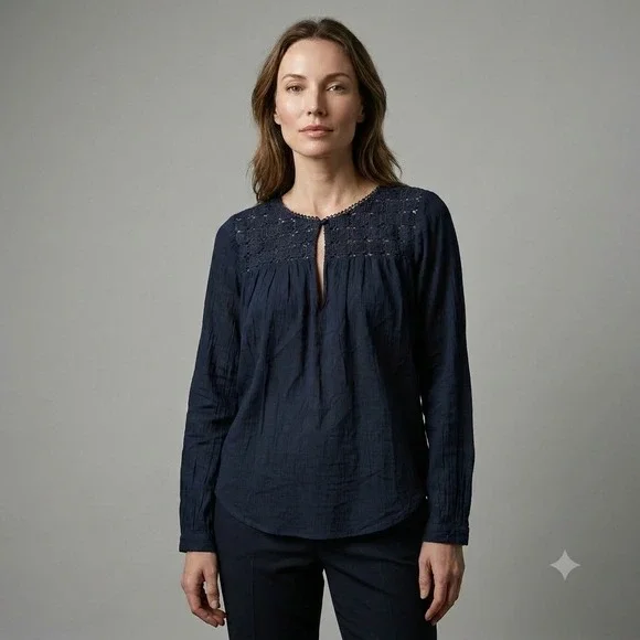 J.Crew Womens Navy Blue Crochet Lace Yoke Crinkle Gauze Cotton Blouse 00 NWT