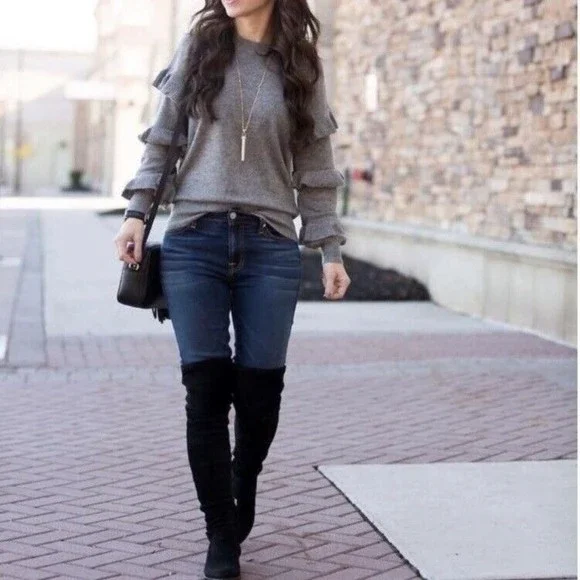 J. CREW Ruffle Sleeve Hope Sweater Gray Pullover‎ Crewneck Wool Blend Size XS