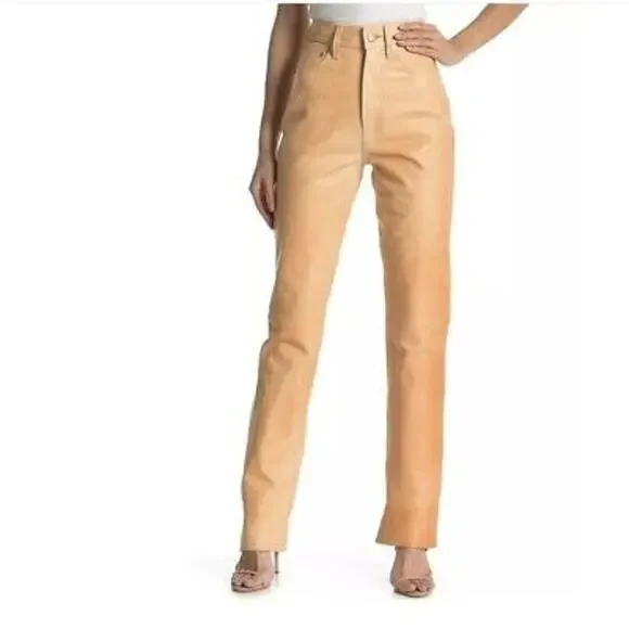 Helmut Lang Femme Hi Bootcut Pants Raw Leather Slim Fit High Rise Natural Sz 24