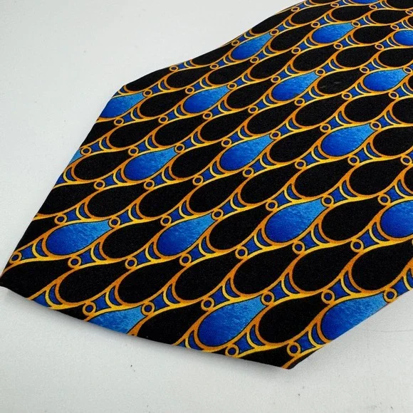 Pavone Mens Silk Tie Italy Luxury Blue‎ Gold Black Pattern Necktie Vintage