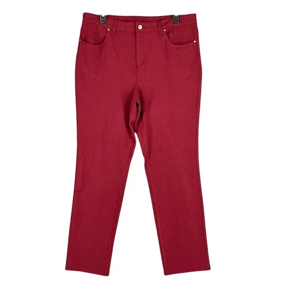 Chicos Pants Women Petite 12P 2P Ponte 5-Pocket Slim Maroon Stretch Slims Shapes