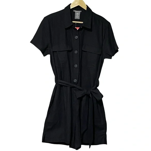 Matty M Women’s Linen Blend Short Romper Medium Black Belted Utility Summer NWT