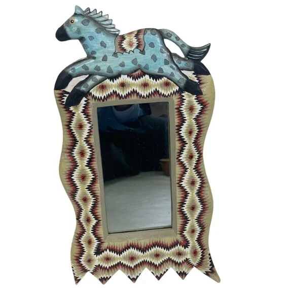 Folk Art Hand Carved Horse Mirror Wood Frame Southwestern Primitive Colorful