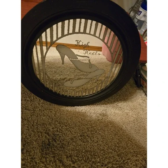 Vintage Round High Heels Etched Wall Mirror Black Frame Art Deco Style Vanity