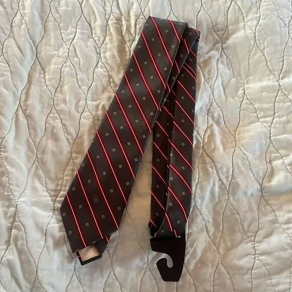 Christian Dior Paris New York 100% Silk Neck Tie Red Pewter Diagonal Stripe EUC