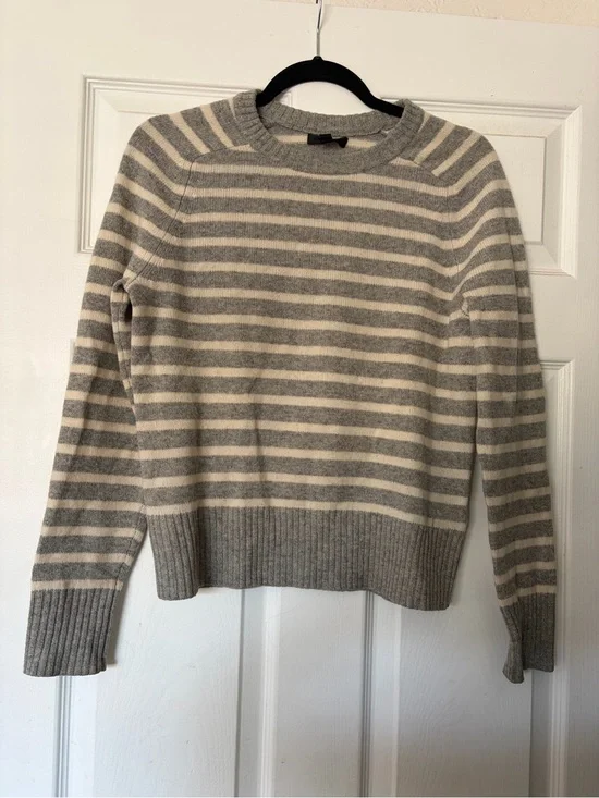 J. Crew Gray and Cream Striped Crewneck Sweater