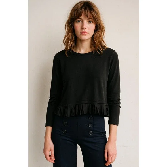 J.Crew Black‎ Pleated Hem Long Sleeve Top Sweatshirt Women's Size M