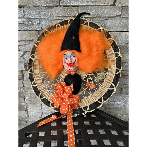 Vintage 16 Inch Handmade Witch Face Halloween Wreath