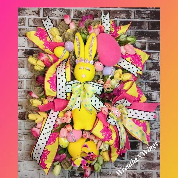Easter Wreath for Front Door, Flocked Bunny Wreath, Easter decoration, Spring