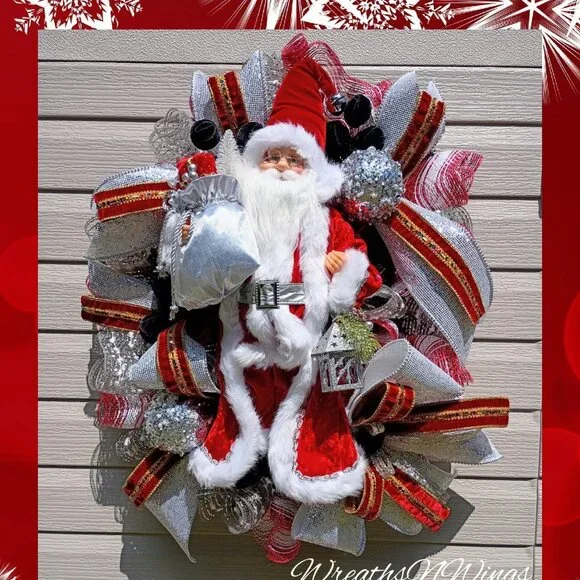 Santa Christmas Wreath, Deluxe Christmas Wreath, Silver Red Mesh Wreath
