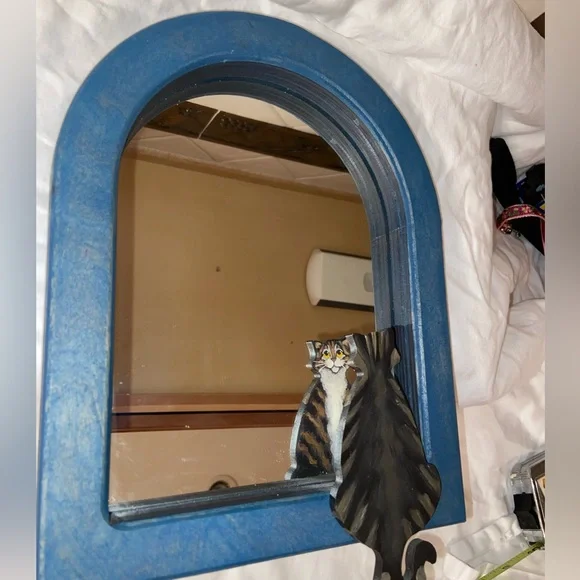 RARE Like new Vintage Hand-Painted Cat Reflection Mirror with wooden Frame