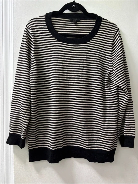 J. Crew Black and Cream Striped Scoopneck Sweater