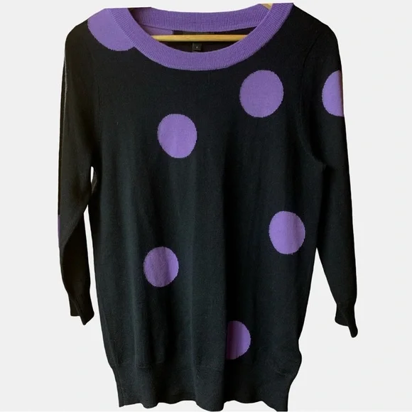 J. Crew Black Crewneck Sweater with Purple Polka Dots
