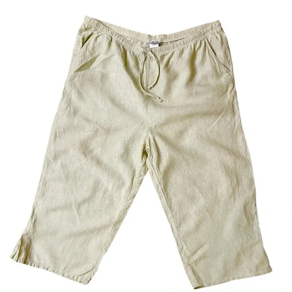 Two Star Dog 100% Linen Sage Green Drawstring Capri Pants Pockets Resort Wear