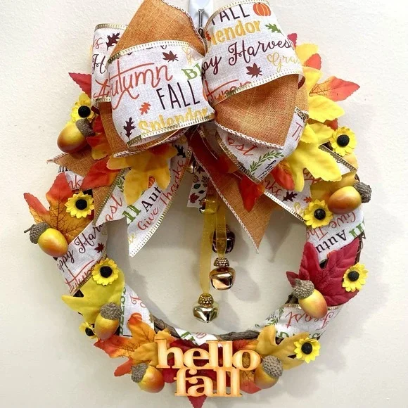 New Hand Made Autumn Wreath Hello Fall‎ Acorns Sunflowers Bells Bow