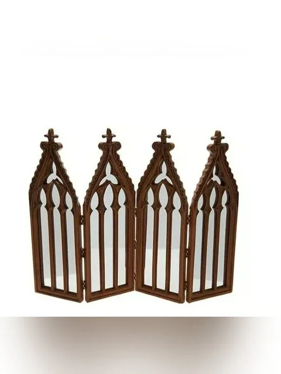 Wooden Gothic Arch Four-Panel Decor Mirror - Brown Cathedral Folding