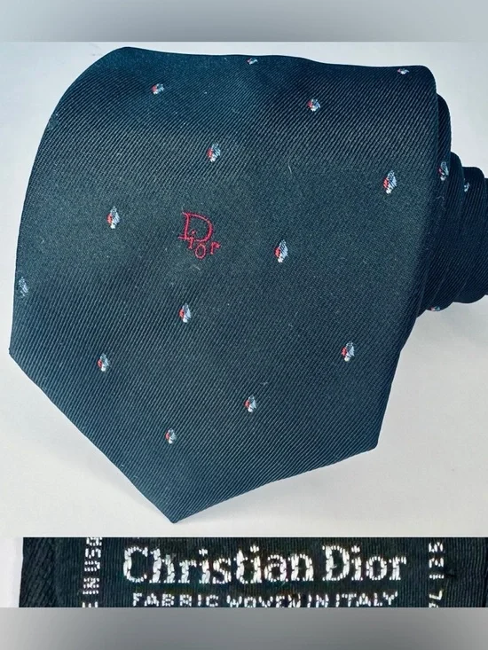 Vintage DIOR Classic Black Embroidered Signature & Dot Patterned Blend Tie, 3”