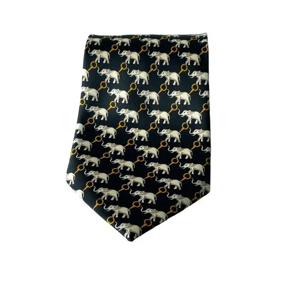 Rene Chagal Black Elephant Print Hand‎ Made 100% Silk Neck Tie Novelty Neckwear