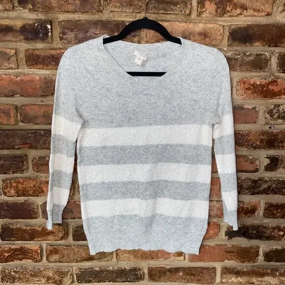 J. Crew Gray White Sparkle Stripe Merino Wool Pullover Sweater Women's Size XXS