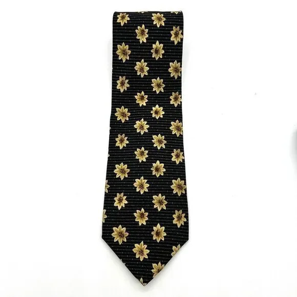 XMI Signature Floral Silk Tie Made in USA Black and Light Yellow