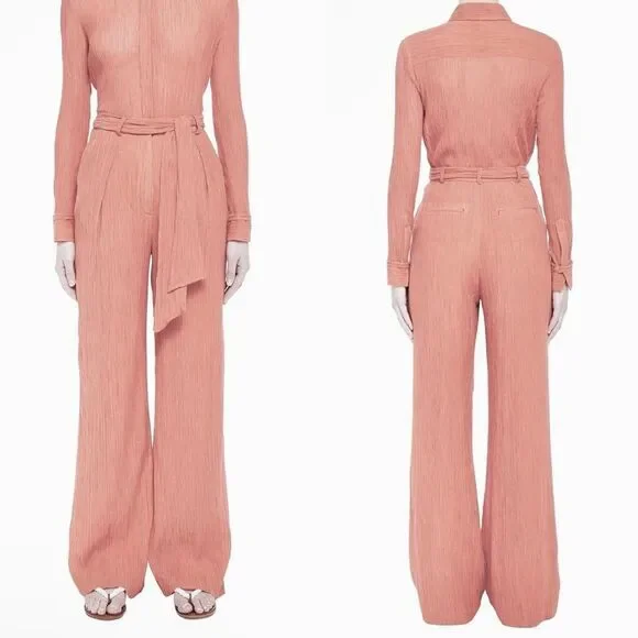 NWT Gabriela Hearst Thomazia Silk Cotton Crepon Plisse Belted Pants in Coral 40