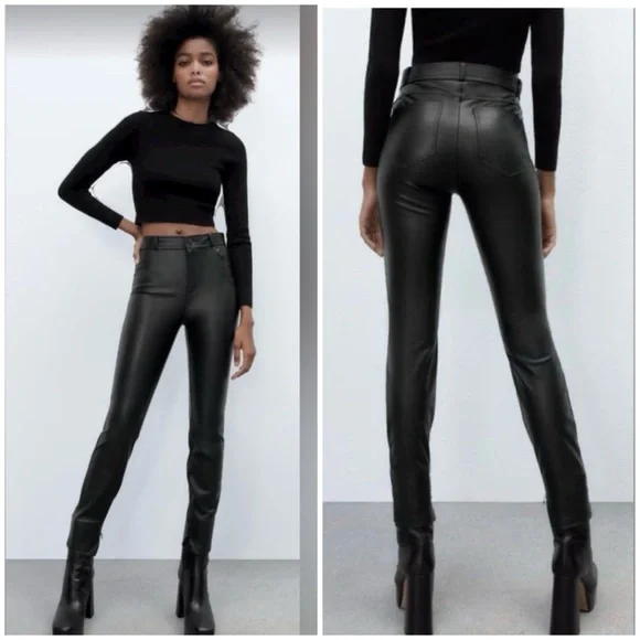 Zara Faux Leather black pants with ankle‎ zipper Size Small 5427